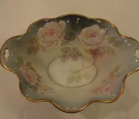 Elegant ROSES Decorated RS GERMANY RS Prussia Porcelain Footed BOWL